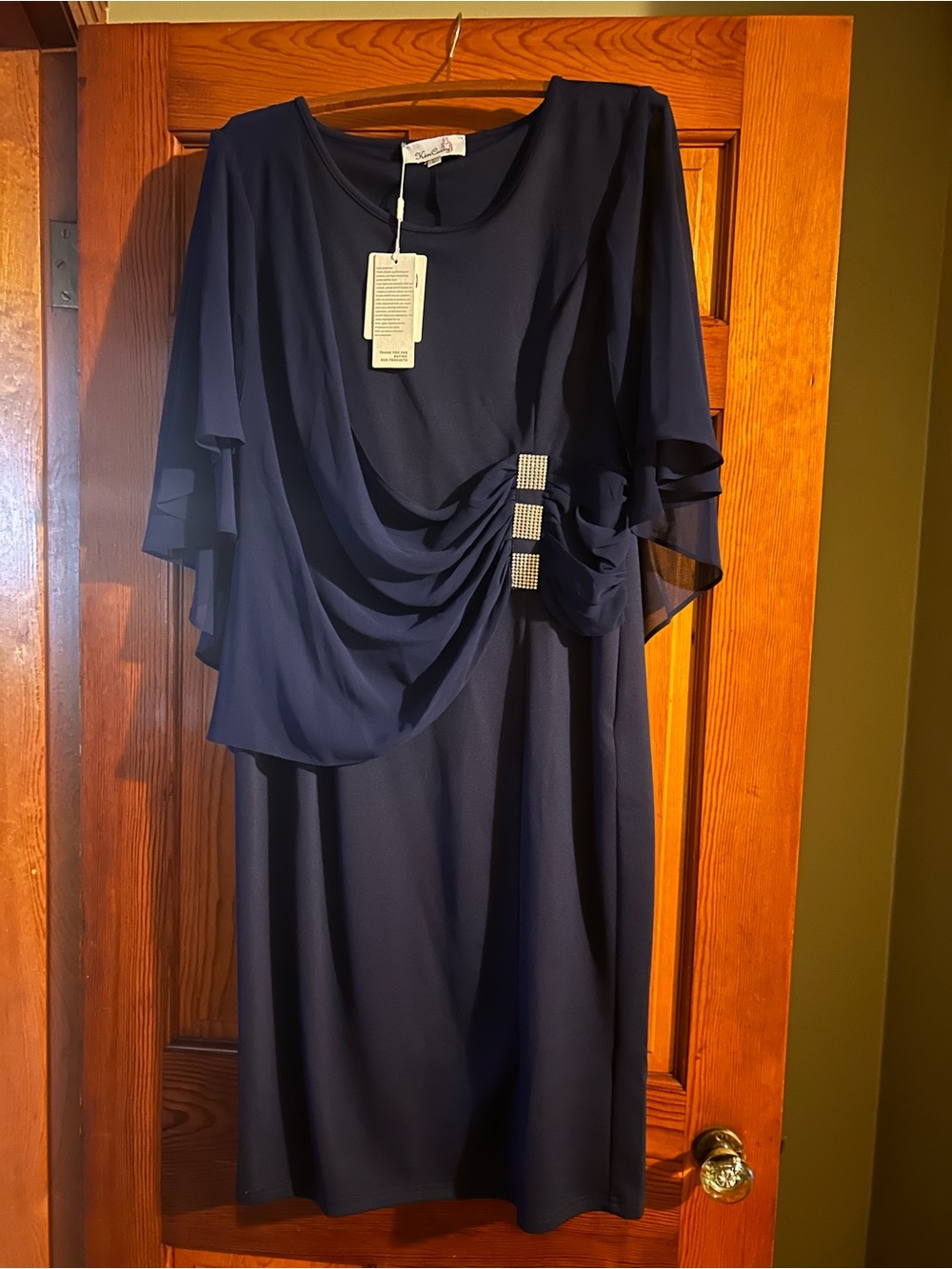 Macy's Navy Draped Midi Dress with Rhinestone Buckle